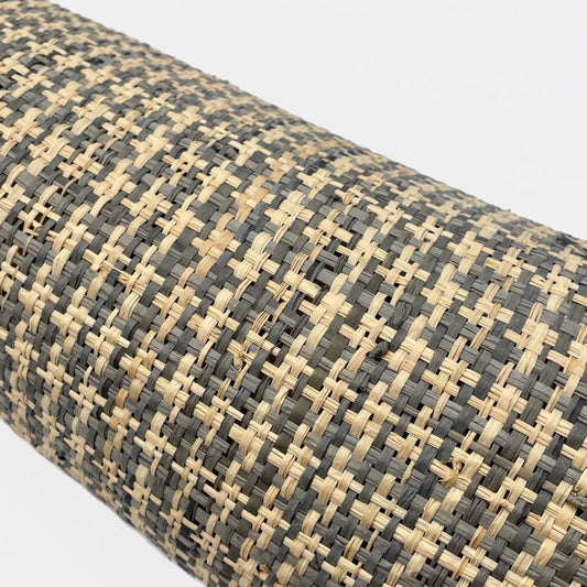 Linear meter of grey-natural Houndstooth raffia fabric, width 120 cm.